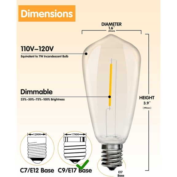 IYFFDFE-10 Pack LED String Light Bulbs, 0.6 Watt Shatterproof Dimmable Replacement Bulbs ST40 E17 Clear Plastic Light Bulbs for Outdoor Patio String Lights, E17/C9 Intermediate Screw Base Bulb, Warm