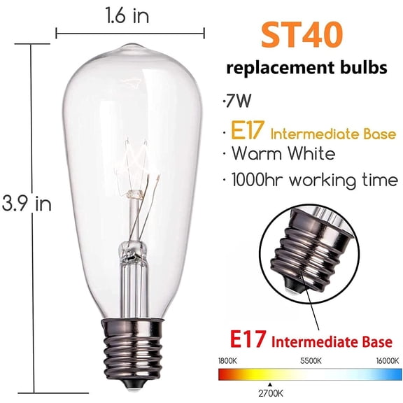 IYFFDFE-10 Pack Replacement Bulbs for Outdoor String Lights, ST40 Clear Edison Light Bulbs,7 Watt- E17 Screw Base for Replacement Bulbs for Outdoor String Lights, Warm White