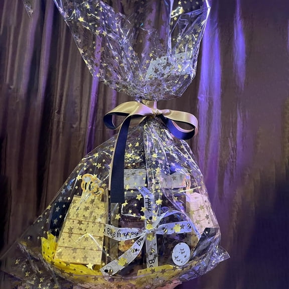 IYFFDFE-10 Pieces Large Cello/Cellophane Bags 16x 24 Inches Clear Basket Gift Bags Gold Star Printed OPP Plastic Cellophane Wrap for Baskets Gift Packaging with Gold Pull Bows
