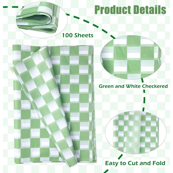 IYFFDFE-100 Sheets Checkered Tissue Paper 14 x 20 Inches Sage Green and White Gift Wrapping Paper Race Car Art Paper for Birthday Party Decorations Packaging Tissue Paper