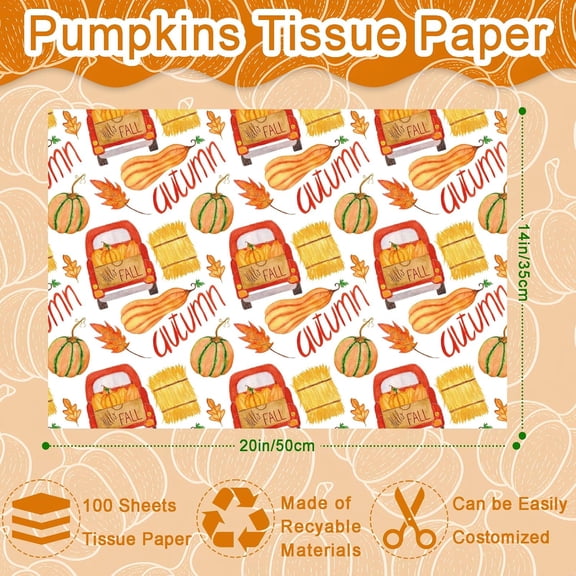 IYFFDFE-100 Sheets Fall Tissue Paper Bulk, Pumpkins Maple Leaves Truck Hay Pattern Wrapping Paper for Fall Autumn DIY Crafts Thanksgiving Day Gift Bag Fillers Party Supplies, 13.8 x 19.7 Inch