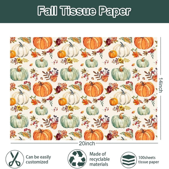 IYFFDFE-100 Sheets Fall Tissue Papers Orange White Green Pumpkin Maple Leaves Wrapping Paper Vintage Decorative DIY Craft Paper for Autumn Harvest Thanksgiving, 14 x 20 Inch