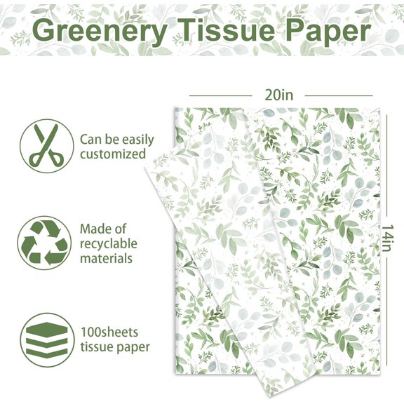 IYFFDFE-100 Sheets Greenery Tissue Paper Watercolor Green Leaves Art Tissue Spring Wrapping Paper for Birthday Wedding DIY Crafts Gift Packing, 20 x 14 Inch