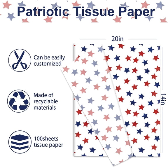 IYFFDFE-100 Sheets Patriotic Tissue Paper Red Blue Star Gift Wrapping Paper Bulk 4th of July DIY Art Craft Paper for Independence Day Supplies, 14 x 20 Inch
