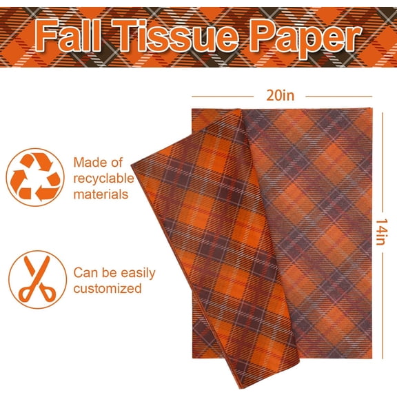 IYFFDFE-100Pcs Fall Thanksgiving Tissue Paper Orange Brown Plaid Farmhouse Gift Wrapping Retro Thanksgiving Packaging Paper DIY Art Craft Paper for Autumn Home Birthday Party Gift Decor, 14 x 20 Inch
