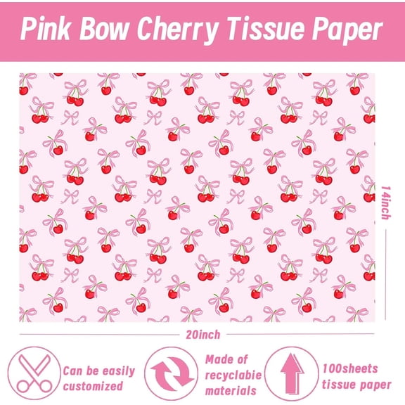 IYFFDFE-100Pcs Pink Bow Cherry Tissue Paper Sweet Bowknots Red Cherry Printed Tissue Paper for Birthday Party Bags DIY Craft