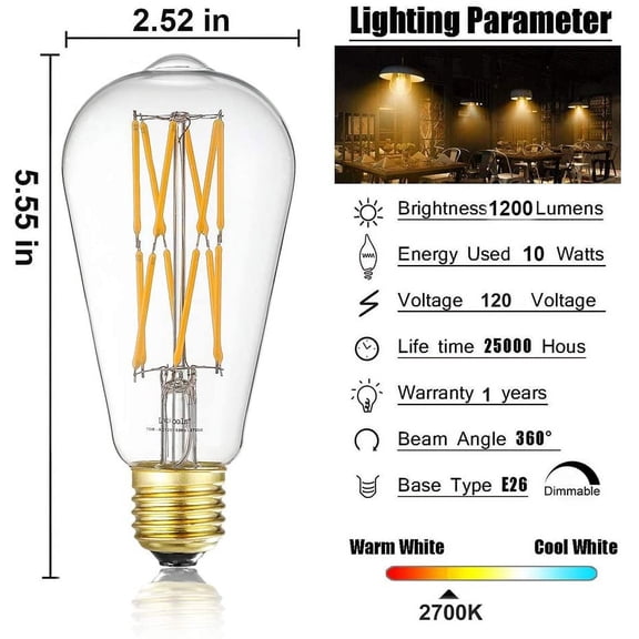 IYFFDFE-10W Edison Style Vintage LED Filament Light Bulb,100 Watt Equivalent Light Bulbs,Dimmable,Warm White 2700K,1200LM,ST64, E26 Medium Base Lamp, Antique Shape, (2 Pack)