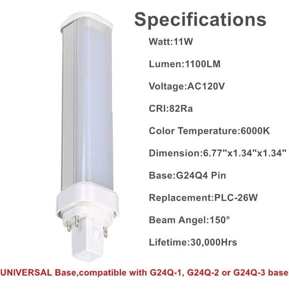 IYFFDFE-11W G24Q LED Bulb, 4 Pin CFL LED Replacement, 120V 6000K Horizontal PL Bulb, Bypass The Ballast