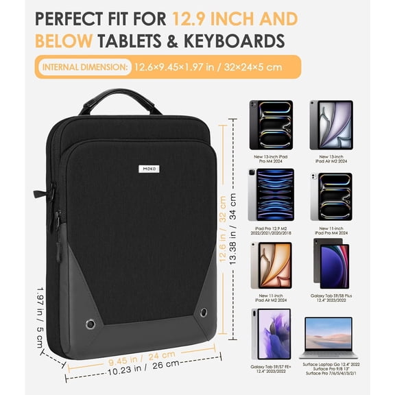 IYFFDFE-12.9 Inch Tablet Sleeve Bag 360 Protection Compatible with 13 Inch New iPad Pro M4 & Air M2 2024, iPad Pro 12.9 M2&M1, Galaxy Tab S8/S9 Plus 12.4" 2023, with Handle and Shoulder Strap, Black