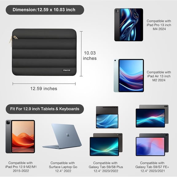 IYFFDFE-12.9 inch Tablet Sleeve Case for iPad Pro 13 M4 & iPad Air 13 M3 M2, iPad Pro 12.9 M2 M1 6/5th with Magic Keyboard&Smart Keyboard Folio, Puffy Horizontal Bag with Small Case, Black