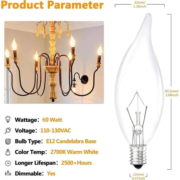 IYFFDFE-12-Pack Clear B10 CTC E12 Base Decorative Candle Light Bulbs, 60W, 480 Lumens, 2700K Warm White, Dimmable Incandescent Bulbs for Chandeliers and Wall Sconces