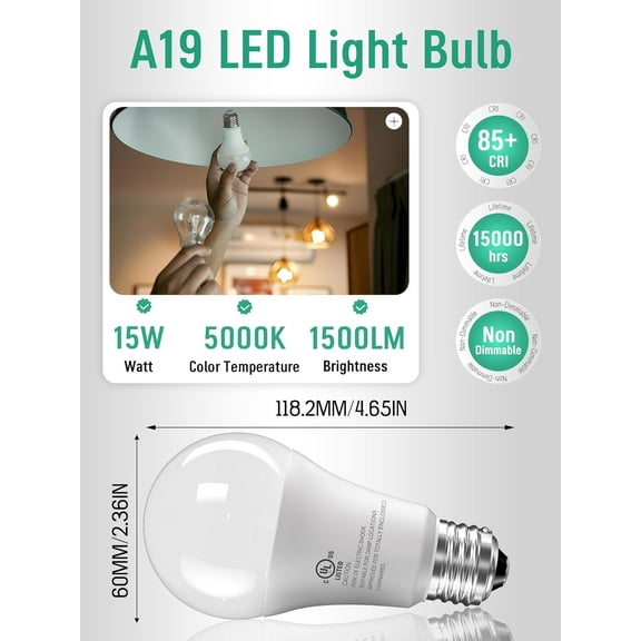 IYFFDFE-12 Pack LED Light Bulbs 100 Watt Equivalent, A19 15W 5000K Daylight, Super Bright White Light 1500 Lumens, E26 Standard No Flicker Energy Saving Lamp Bulb for Home, Bedroom, Office, Non-Dimma