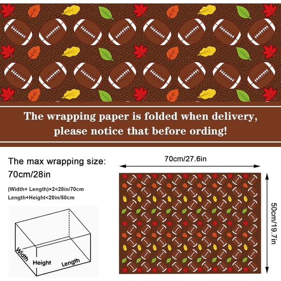 IYFFDFE-12 Sheet Fall Football Wrapping Paper Maple Pumpkin Plaid Rugby Gift Wrap Paper Bulk Autumn Harvest Sport Theme Art Paper for DIY Crafts, 19.7 x 27.6 Inch, Folded Flat