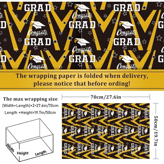 IYFFDFE-12 Sheet Graduation Wrapping Paper Congrats Grad Gift Wrap Paper 5 Designs Black Gold Decorative Art paper for College Graduation Party DIY Crafts Gift Packing, 19.7 x 27.6 Inch, Folded Flat