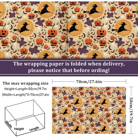 IYFFDFE-12 Sheet Halloween Fall Kraft Wrapping Paper Pumpkin Ghost Witch Maple Leaves Wrapping Paper 6 Design Autumn Harvest Folded Flat Gift Wrap Paper for DIY Craft Gift Wrap, 27.6 x 19.7 Inch