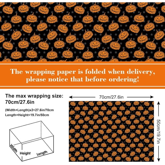 IYFFDFE-12 Sheet Halloween Wrapping Paper Horror Pumpkin Bat Spider Web Witch Hat Gift Wrap Paper Bulk Folded Flat Orange Black Decorative Art Paper for DIY Crafts Gift Wrapping, 19.7 x 27.6 Inch
