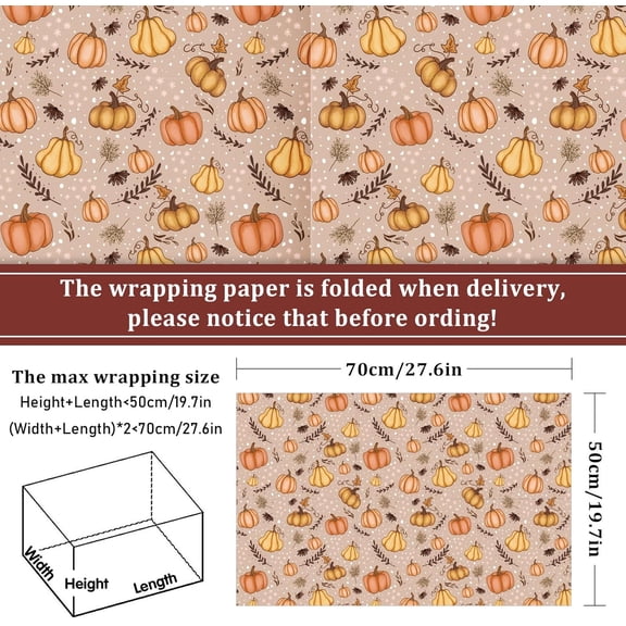 IYFFDFE-12 Sheets Fall Pumpkin Wrapping Paper -Not Roll - Boho Maple Leaves Pumpkin Gift Wrap Paper 19.7 x 27.6 Inch Fall Harvest Retro Folded Flat for Autumn Thanksgiving Party DIY Crafts