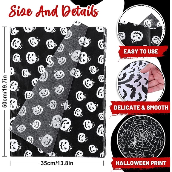 IYFFDFE-120 Sheet Halloween Tissue Paper Black and White Wrap Tissue Paper with Cobweb Bat Pumpkin Pattern Gift Wrapping Paper for Fall Halloween Party Gift Packing DIY Craft, 13.8 x 19.7 Inch