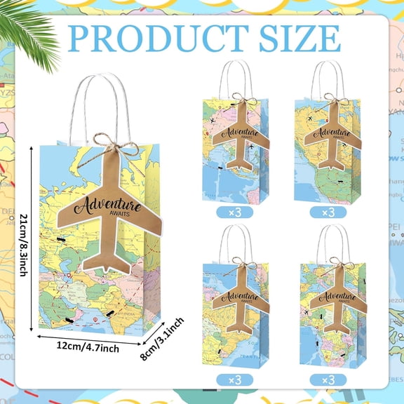 IYFFDFE-12Pcs Travel Themed Party Favor Bags Graduation Gift Bag Travel The Map Party Supplies Decor Adventure Awaits Gift Paper Sacks Earth Day Wrapping Bag Earth Goodies Candy Treat Bag for Birthda