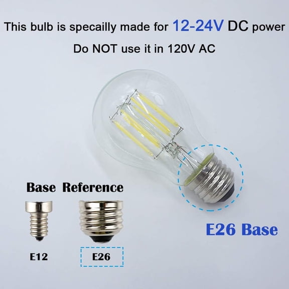 IYFFDFE-12V-24V DC Low Voltage Input LED Bulb, Classic A19(A60) Style, Cool White Light, Dimmable with 12V DC Dimmer, 8W 800Lm, 80W Incandescent Equivalent, E26 Medium Base Lamp,12-24V Power, 2-Pack