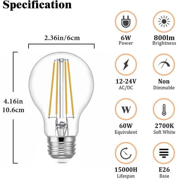 IYFFDFE-12V LED Bulb, 60 Watt Equivalent, 12-24V AC/DC, Soft White 2700K, 6W 800lm, E26 Base, A19 Low Voltage Edison Filament Bulbs for Off-Grid Solar Battery Systems, RVs, Marine Lighting, 3 Pack