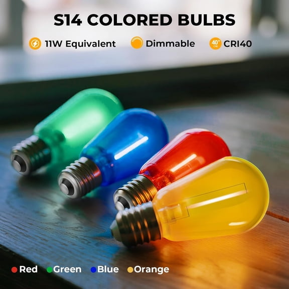 IYFFDFE-15 Pack S14 Colored LED String Light Bulbs, 1W Plastic Shatterproof Replacement Bulbs for Outdoor Patio Backyard Lights, E26 Medium Base, Dimmable, Warm White 2200K, Red/Green