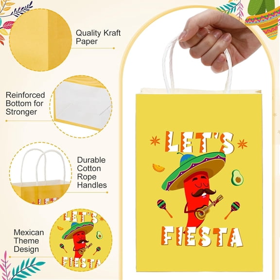 IYFFDFE-15 Pcs Mexican Fiesta Gifts Bags with Tissue Paper Cinco De Mayo Theme Treat Bags Mexican Themed Paper Party Favor with Handles for Birthday Fiesta Summer