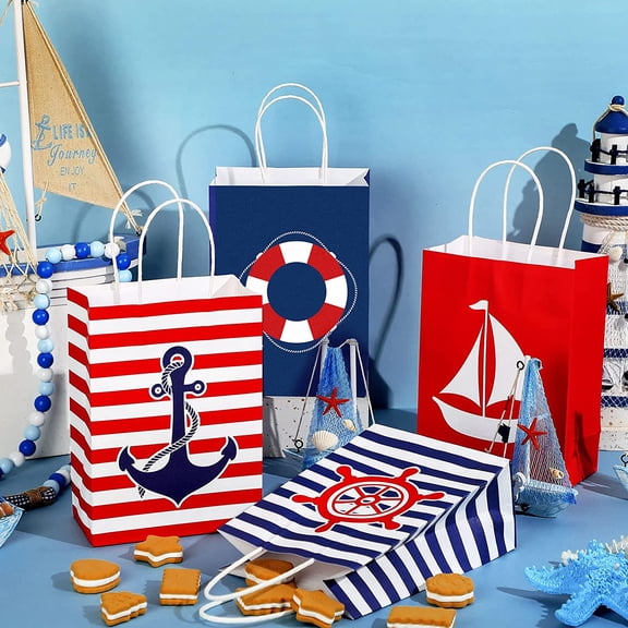 IYFFDFE-16 Pack Nautical Gift Bags Nautical Party Paper Bags and Tissue Paper with Handles Candy Marine Anchors Goody Treat for Beach Themed Birthday Party Supplies Favors(Marine Style)