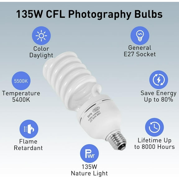 IYFFDFE-1pcs 135W Light Bulb, 5400K Color Temperature CFL Photography Lighting, Daylight Spiral Softbox Lighting Kit Bulb in E27 Socket for Photo, Video and Studio Lights