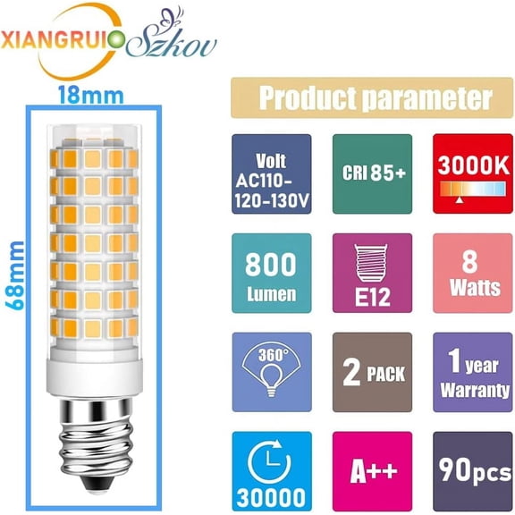 IYFFDFE-2-Pack E12 LED Bulb kx 2000 led Replacement Brother Sewing Machine Bulb Appliance Dryer Drum Water Dispenser Replacement Parts 120V Candelabra Bulb E12 Edison Screw Base 8W-Warm White 3000K