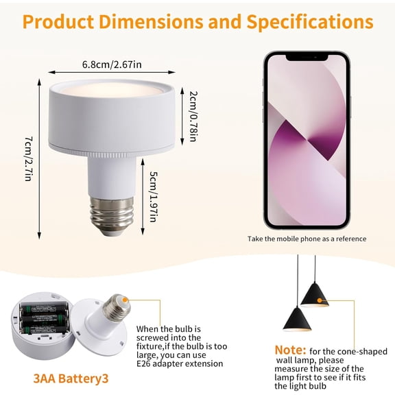 IYFFDFE-2 Pack Magnetic Battery Operated Light Bulbs with Remote Control, Cordless LED Puck Lights, Wireless Dimmable E26 Screw in AA Battery Power Bulbs for Non Electric Lamps
