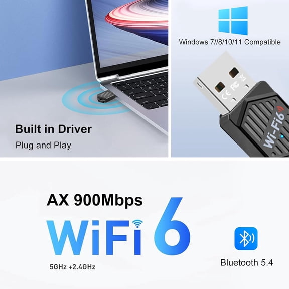 IYFFDFE-2-in-1 USB WiFi 6 Adapter with Bluetooth 5.4 Dual Band 2.4/5GHz, 900Mbps Wireless Network Adapter for Desktop/Laptop, 802.11ax, Driver Free, WPA3, Mini WiFi Dongle for Windows 11/10