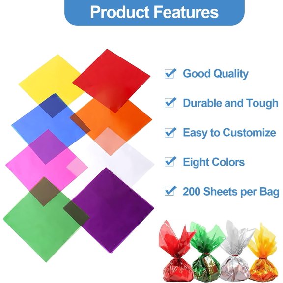 IYFFDFE-200 Pcs Colored Cellophane Sheets, Cellophane Wrap Paper Color Cello Sheets for Crafts(7.5x7.5 Inches)