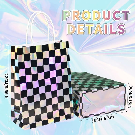 IYFFDFE-20Pcs Iridescent Party Favor Bags Black and White Checkered Gift Bags Reusable Laser Plaid Goodie Bag Holographic Paper Bag with Handles for Race Car Birthday Party Supplies