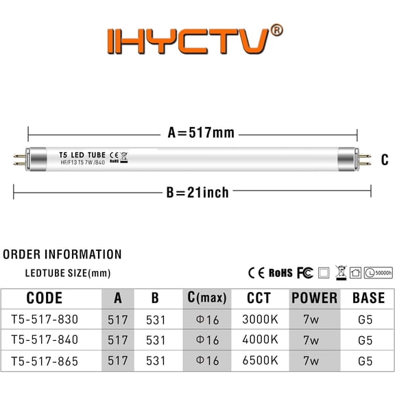 IYFFDFE-21 Inch T5 LED Tube F13T5CW Replacement, 7W 910lm for EVG 13W Fluorescent Lamps, Cool White 4000K, G5 Mini Bi-Pin Base, 140 Degrees Beam, Pack 1