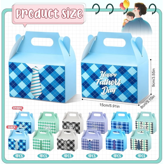 IYFFDFE-24 Pcs Father's Day Gift Boxes Party Favors with Best Dad Ever Theme Small Candy Paper Cookie Gable Boxes with Handle for Party Supplies Treats and Small Gifts, 6 Style