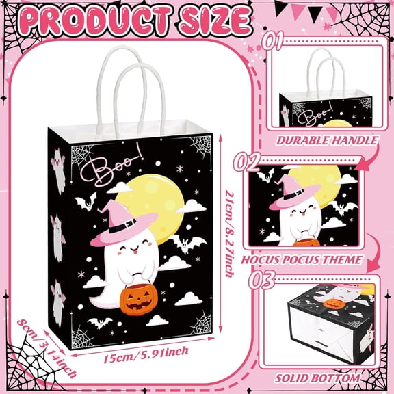 IYFFDFE-24 Pcs Halloween Party Favors Bags with Handle Trick or Treat Gift Bags Boo Gift Ghost Black and Pink Pumpkin Candy Halloween Goodies Present for Wrapping Birthday Party