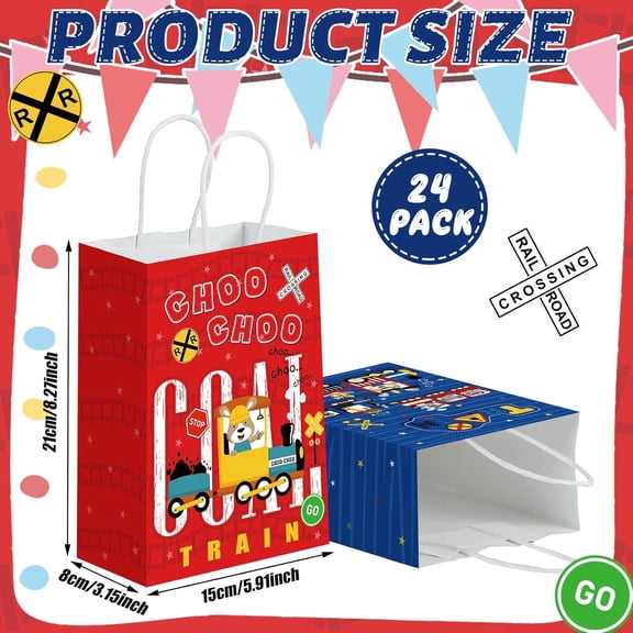 IYFFDFE-24 Pcs Train Party Favor Bags Train Theme Gift Treat Paper Candy Goodie Bag with Handle for Train Birthday Party Favors Supplies Decoration