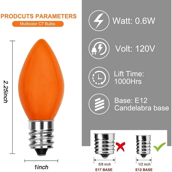 IYFFDFE-25 Pack C7 LED Multicolor Replacement Light Bulbs, 0.6W Ceramic LED Vintage Light Bulbs for C7 Outdoor String Lights, Candle Lamps, Night Lights, E12 Candelabra Base