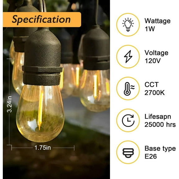 IYFFDFE-25 Pack Edison Bulb String Lights Outdoor, S14 Replacement Bulbs for Outdoor String Lights Waterproof 1W, E26 Base Led Light Bulb, 2700K Warm White Light Bulbs for Patio