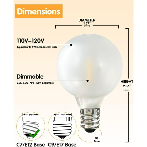 IYFFDFE-25 Pack G40 Led Replacement Light Bulbs, E12 Screw Base Shatterproof LED Globe Frosted Bulbs Light for Indoor Outdoor String Lights, 0.6watt Equvalent to 5watt Incandescent Bulbs, Warm White