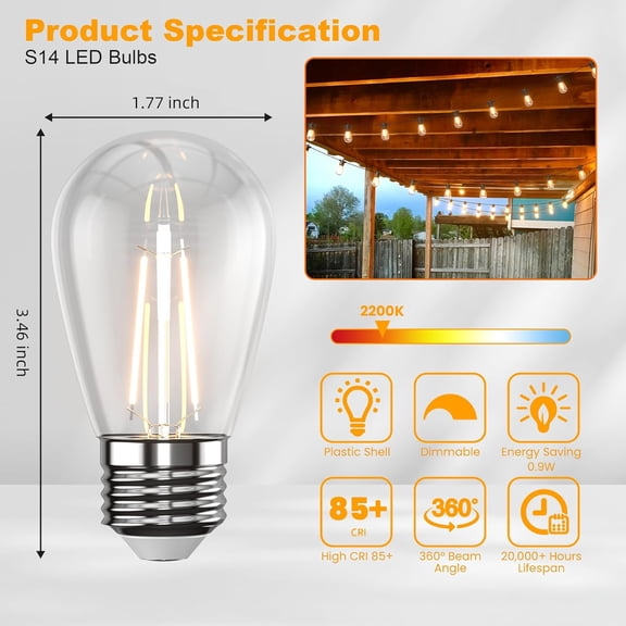 IYFFDFE-25-Pack LED S14 Replacement Light Bulbs, Shatterproof 1W Vintage Edison Bulbs for Outdoor Patio Backyard String Lights, E26 Medium Screw Base, 2200K Warm White