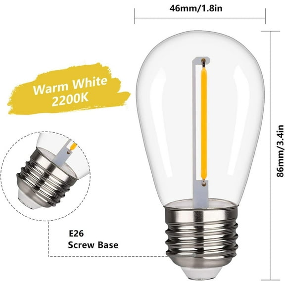IYFFDFE-25 Pack S14 LED String Light Bulbs, 1W Shatterproof & Waterproof Outdoor Indoor Replacement Bulbs, E26 Base Edison LED Light Bulbs Warm White 2200K. (S14 25Pack)
