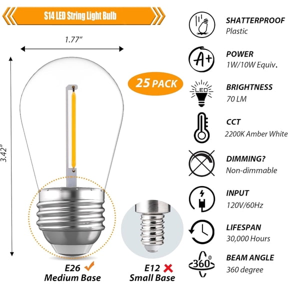 IYFFDFE-25 Pack S14 Replacement Bulbs for String Lights, 1W LED Waterproof Shatterproof Outdoor Light Bulbs, 2200K Amber Warm White, E26 Base, 70LM, AC120V, Non-Dimmable