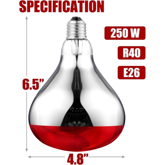 IYFFDFE-250W R40 Red Heat Lamp Bulbs, 8000 Hours Rated, Infrared Flood Light, Brooder Heating Lamp for Chickens, Reptiles, Pets, Bathroom, E26 Base - 2 Pack