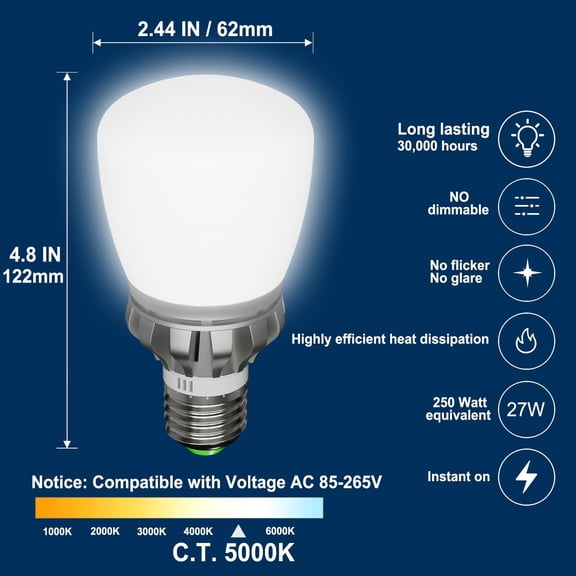 IYFFDFE-27W LED Corn Light Bulb 250W Equivalent, 3670 Lumen, E26 Non-dimmable 5000K Cool Daylight White, Pack of 1
