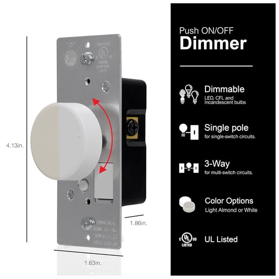 IYFFDFE-3-Way Rotating Dimmer Switch, Push On/Off, Use with Dimmable LED, CFL, and Incandescent Bulbs, Includes Two Knob Colors, UL Listed, White/Light Almond, 18020