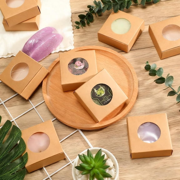 IYFFDFE-30 Pcs Kraft Paper Box with Clear Window Homemade Soap Boxes Presents Packaging Boxes for Bakery Cookies Packaging Candy Wedding Birthday Party Gift Boxes(3 x 3 x 1.2 Inch,Original)