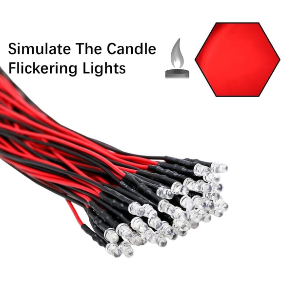 IYFFDFE-30pcs 12 Volt 3mm Red Flicker LED Lights Emitting Diodes (Candle Flickering Lights) Pre Wired 7.9 inch DC 12v LED Light Clear Lens Small LED Lamps