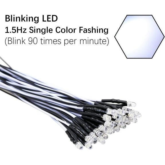 IYFFDFE-30pcs 12 Volt 3mm White Blinking LED Lights Emitting Diodes (1.5Hz Single Color Flashing) Pre Wired 7.9 inch DC 12v LED Light Clear Lens Small LED Lamps